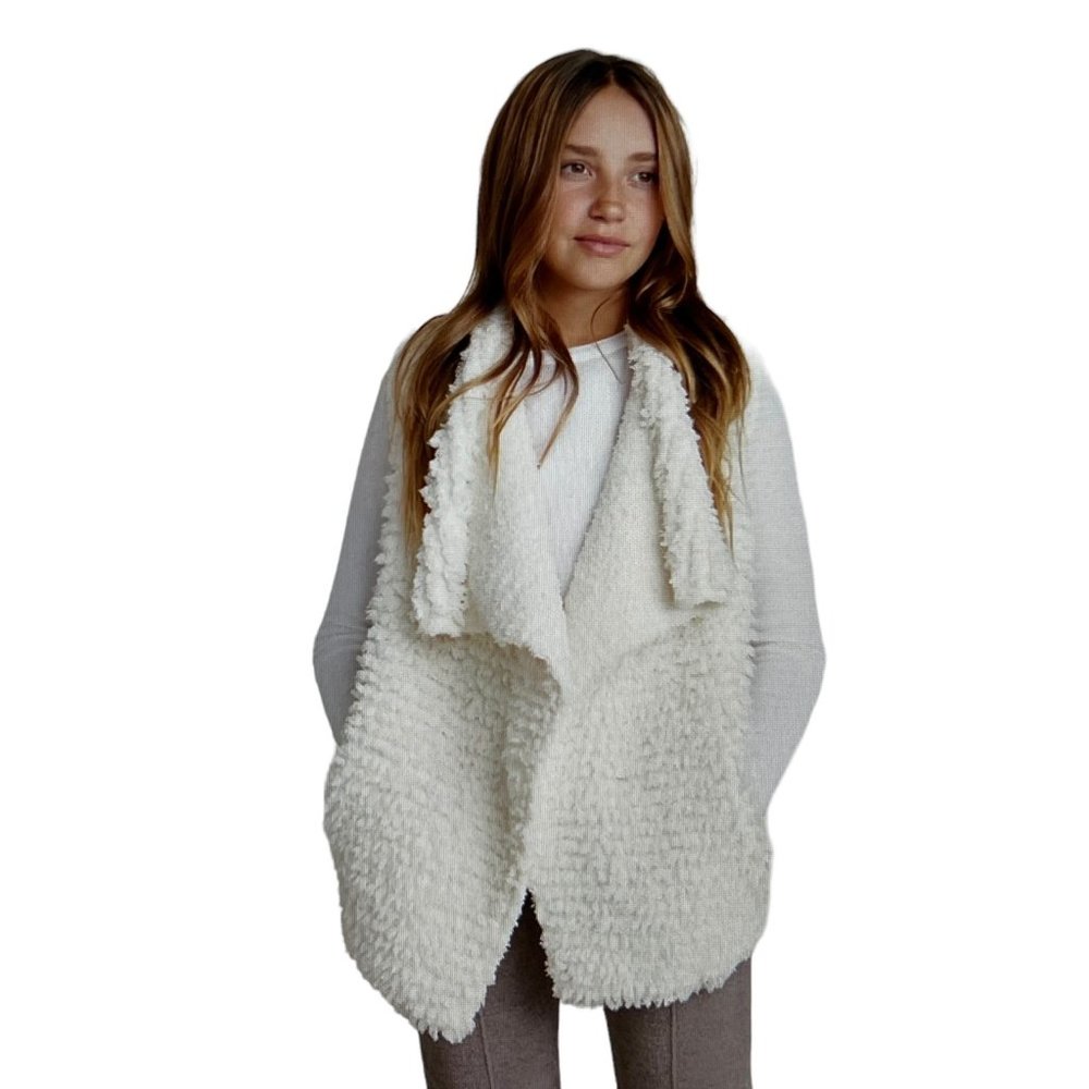 NWT Barefoot Dreams CozyChic Youth Loop Fringe Cascading Vest size 12/14 Ivory